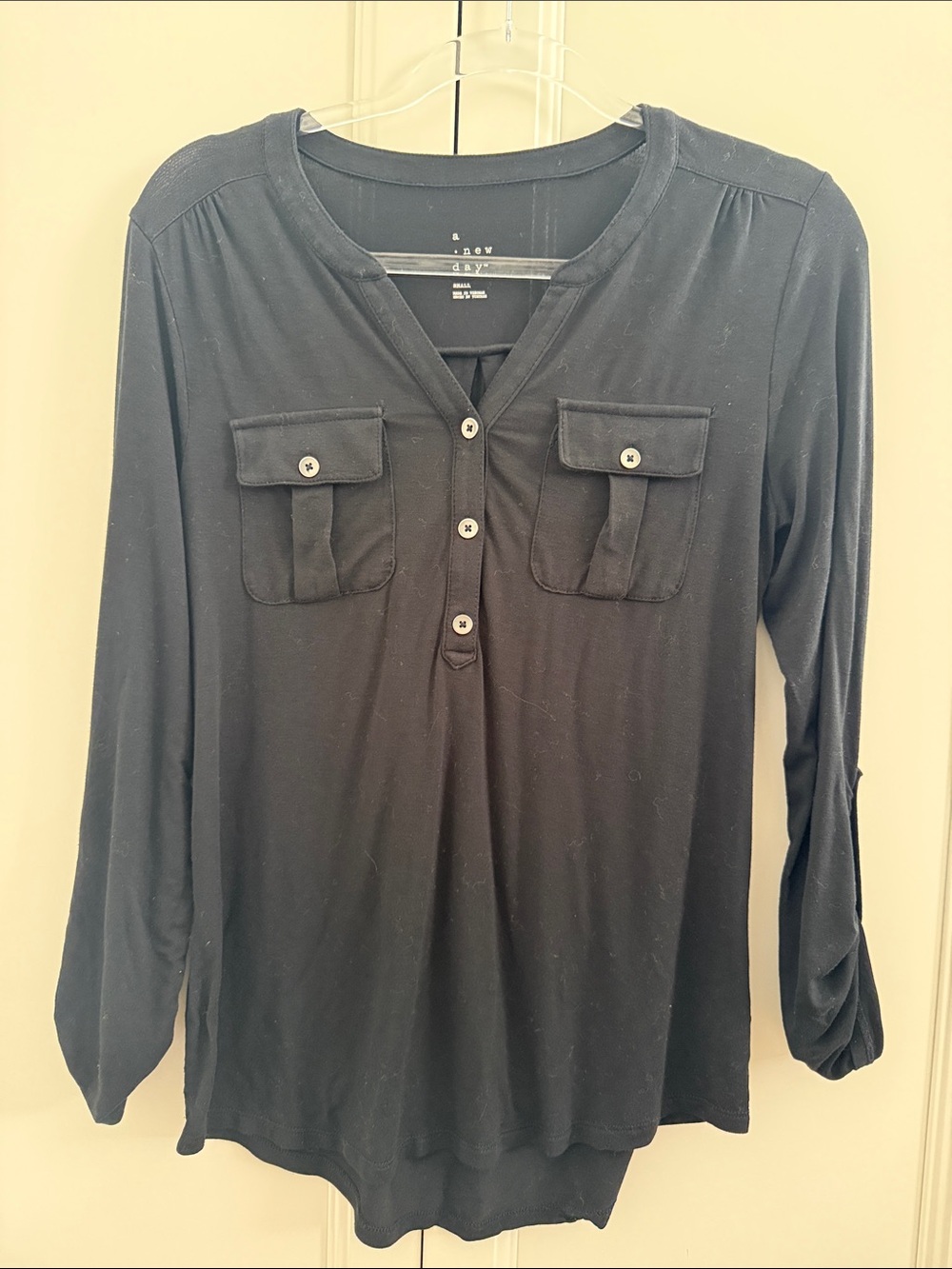 a new day Black Long-Sleeve Button Front Pocket Top Size Small